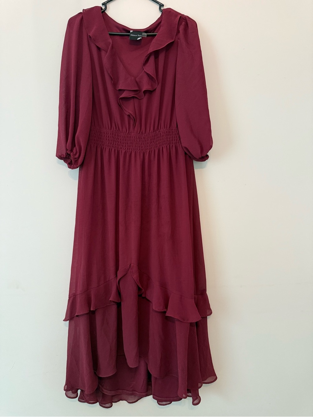 Maison Tara Burgundy High-Low Ruffle Midi Dress